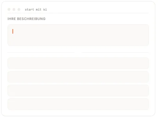 Eingabemaske für eine Website-Beschreibung mit Überschrift „IHRE BESCHREIBUNG“ und mehreren leeren Feldern.