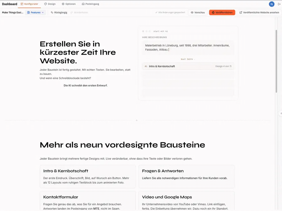 Screenshot eines Website-Baukastens mit Editoroberfläche und Vorschau der Seite „Erstellen Sie in kürzester Zeit Ihre Website.“
