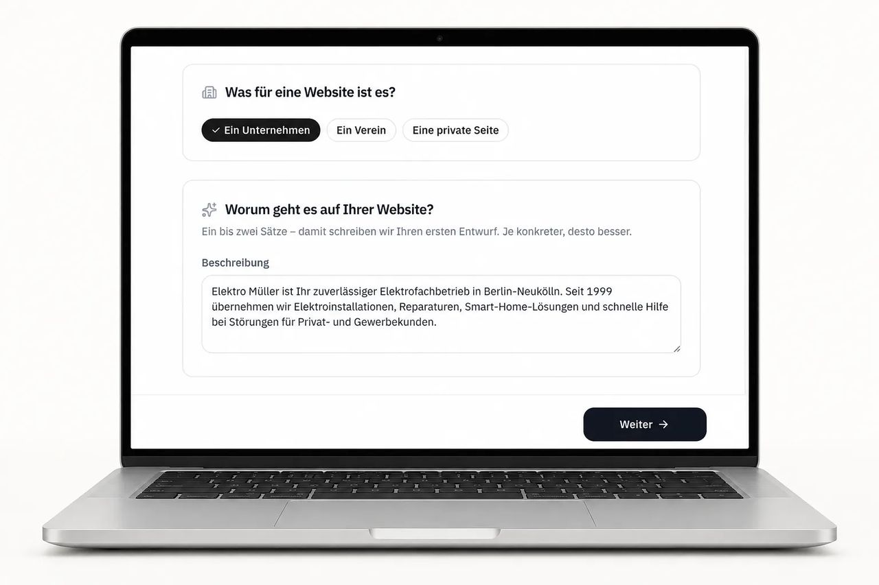 Ein Laptop zeigt einen Website-Fragebogen mit ausgewähltem „Ein Unternehmen“, Beschreibungstext und der Schaltfläche „Weiter“.