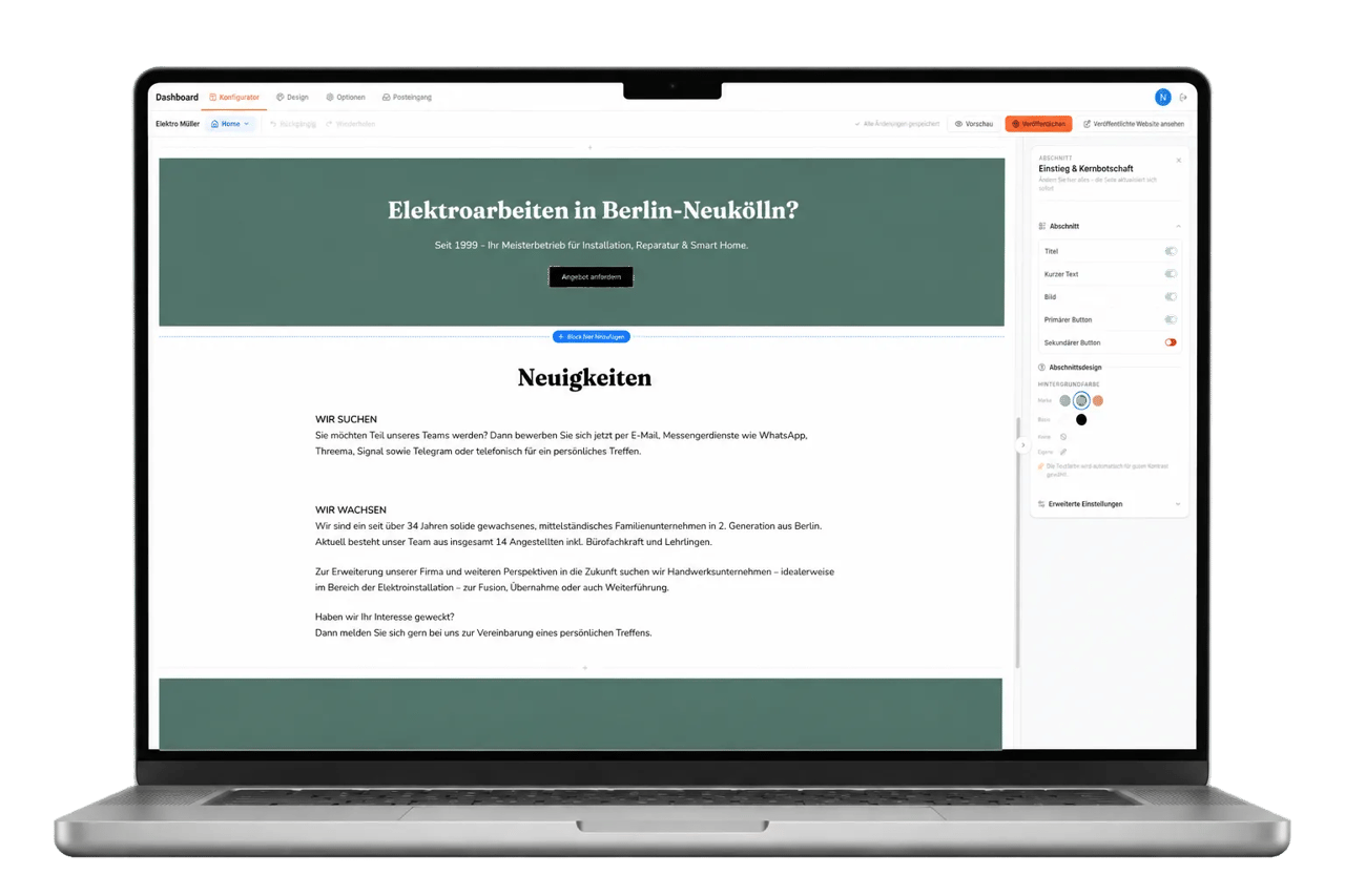 Ein Laptop zeigt im Website-Editor eine Seite mit dem Titel „Elektroarbeiten in Berlin-Neukölln?“ und dem Abschnitt „Neuigkeiten“.
